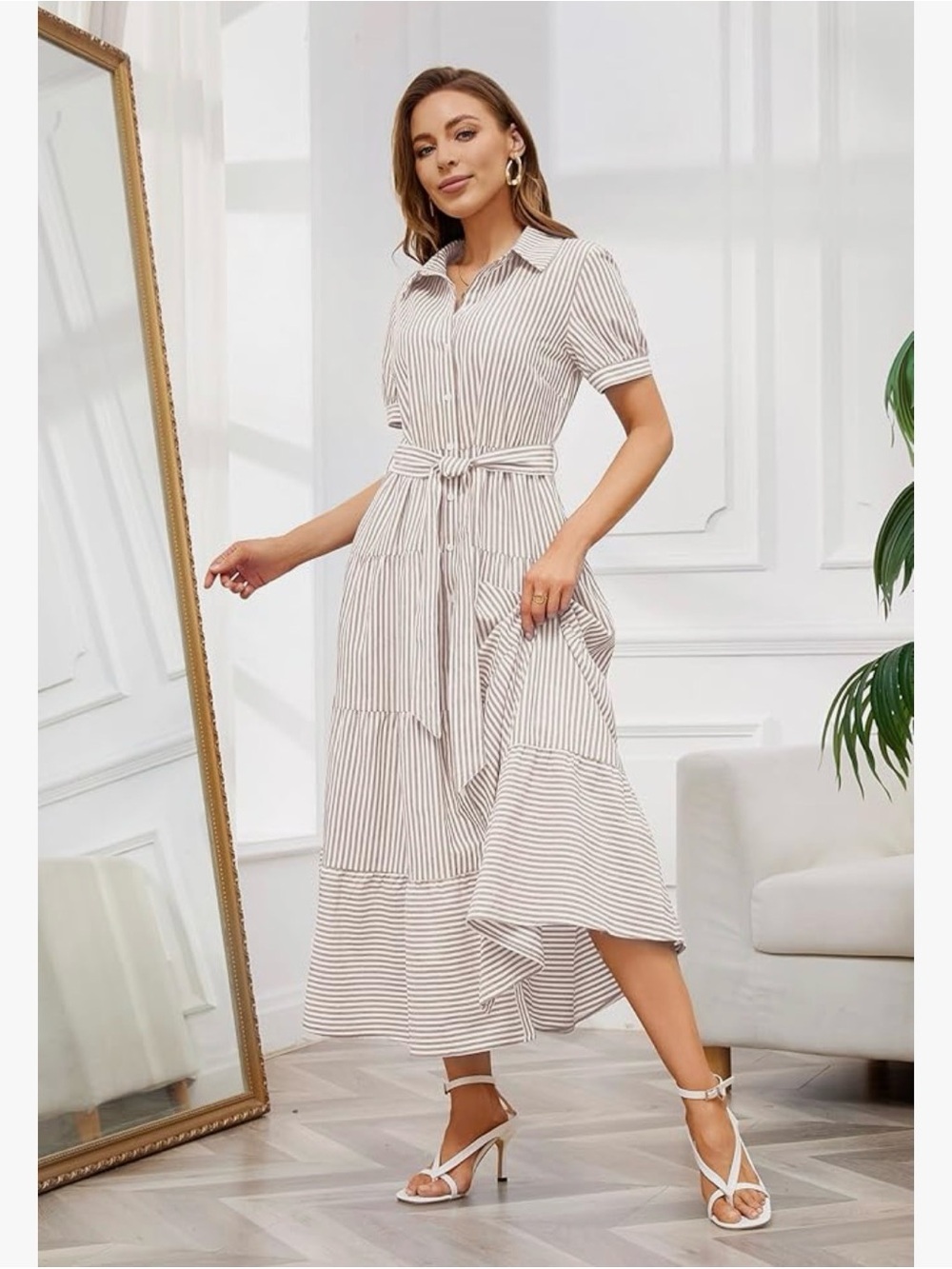 Chouyatou Womens Casual Button Down Tie Waist Ruffled Striped Maxi Shirt Dress